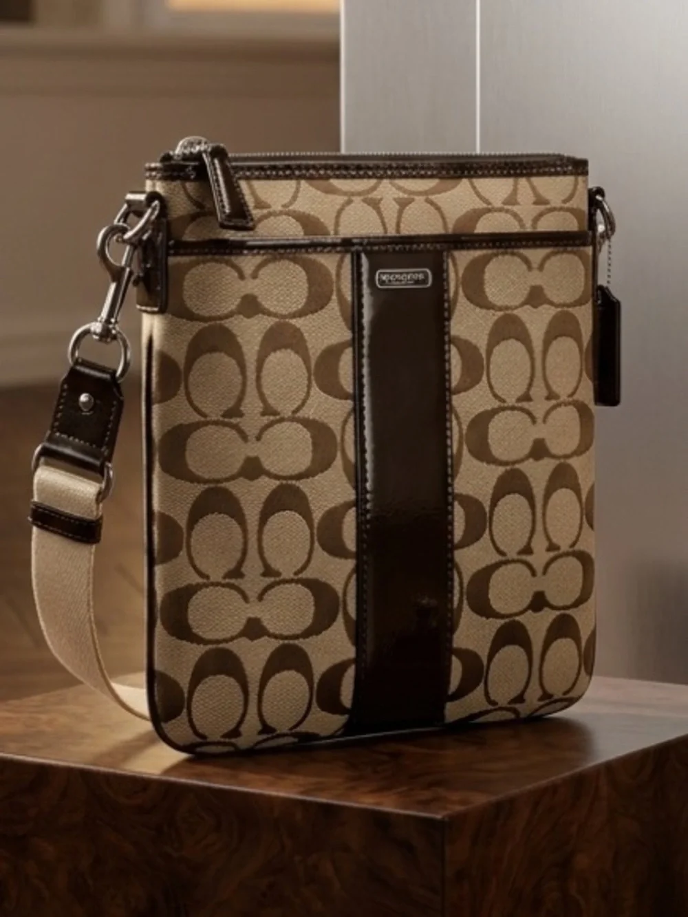 Coach Brown Signature Canvas Messenger Bag with Tan Strap